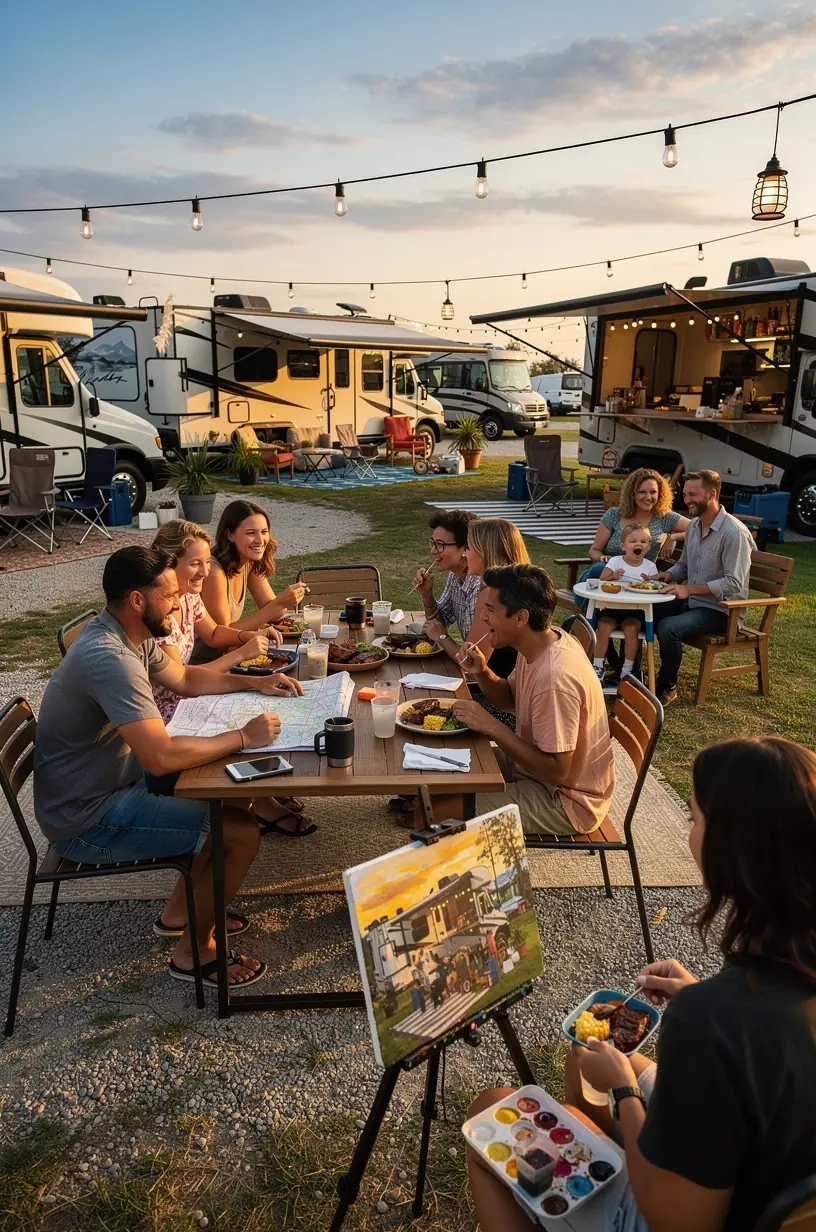 Современный микро-курорт для автодомов с подключаемыми электрическими точками и душевыми кабинами на фоне живописного пейзажа США.