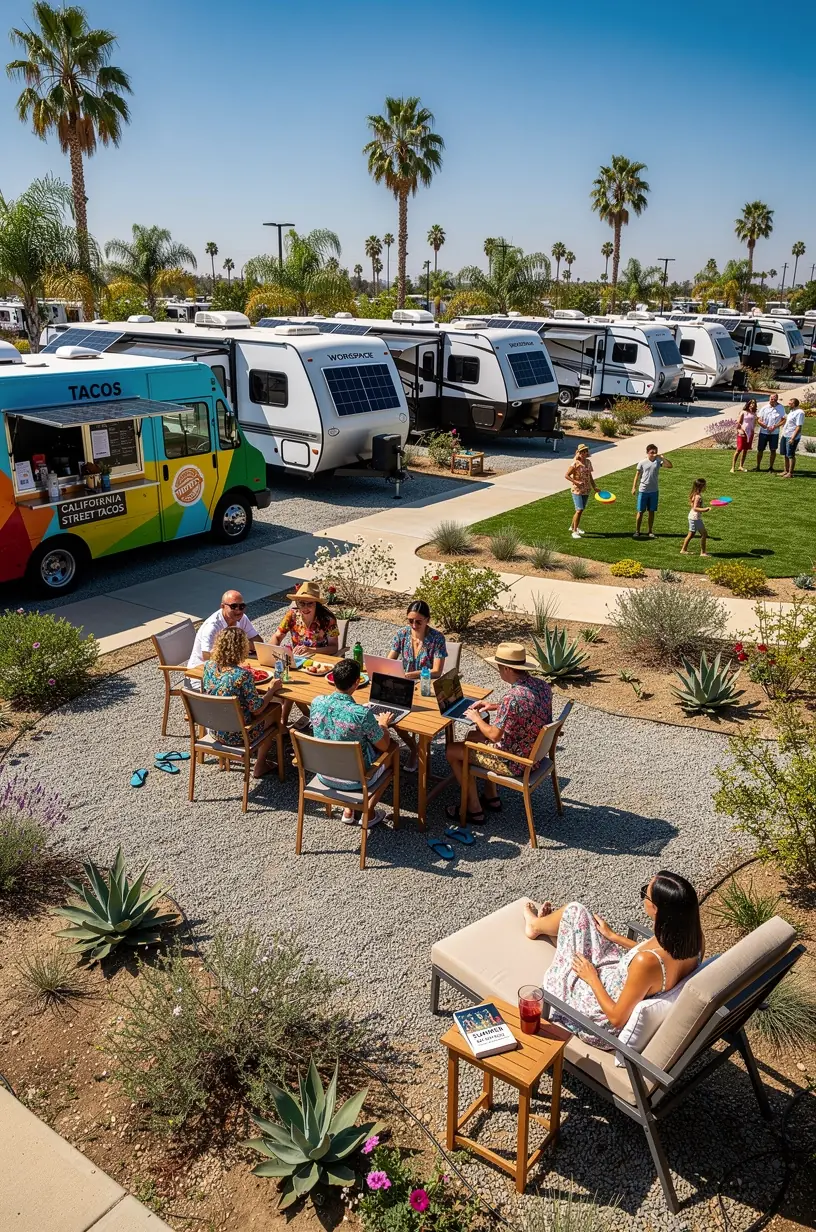 Мобильный фудтрак предлагает разнообразные блюда местной кухни на территории микро-курорта для автодомов.